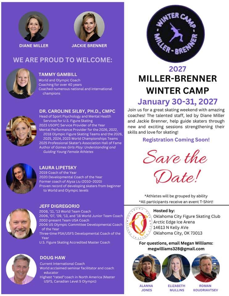 2027 Miller-Brenner Winter Camp flyer with guest coaches including Laura Lipetsky